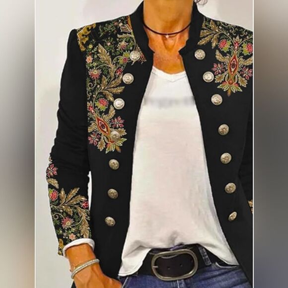 noracora Jackets & Blazers - Noracora Open Front Military Black  Bohemian Floral Jacket Blazer Size Small